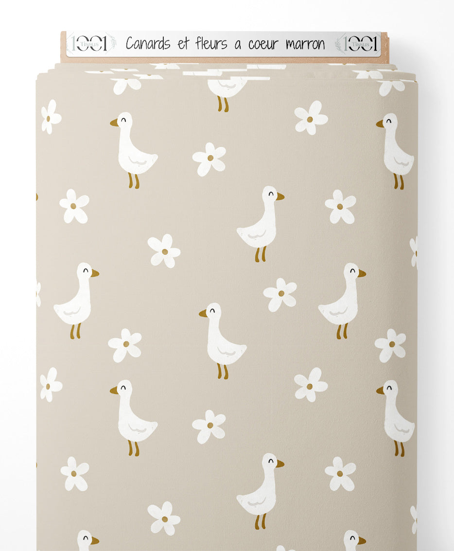 Tissu - Canards et fleurs à cœur marron