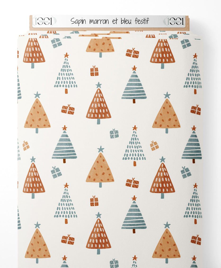 Tissu - Sapin marron et bleu festif