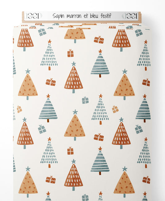 Tissu - Sapin marron et bleu festif
