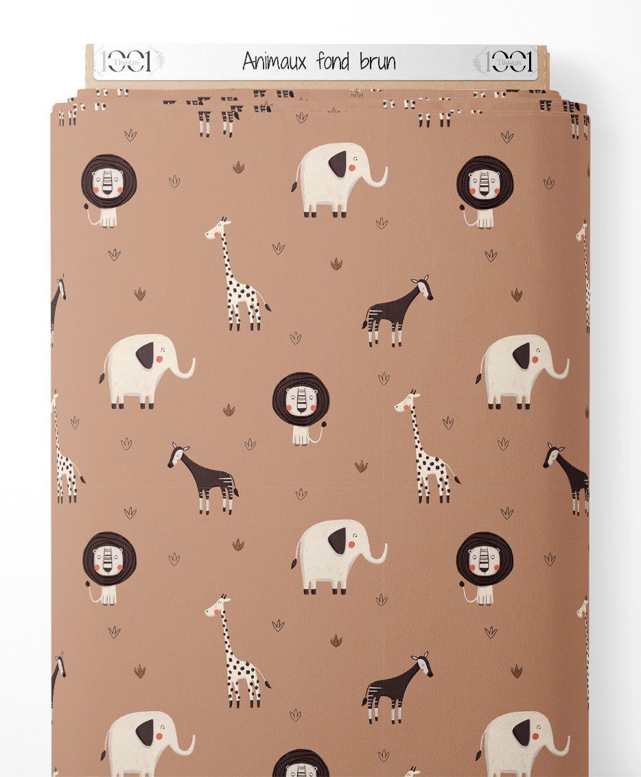 Tissu - Animaux sur fond brun