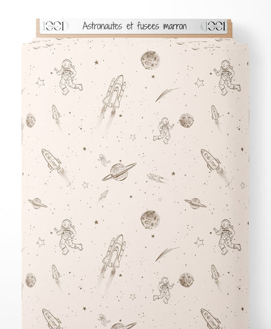 Tissu - Astronautes et fusées marron