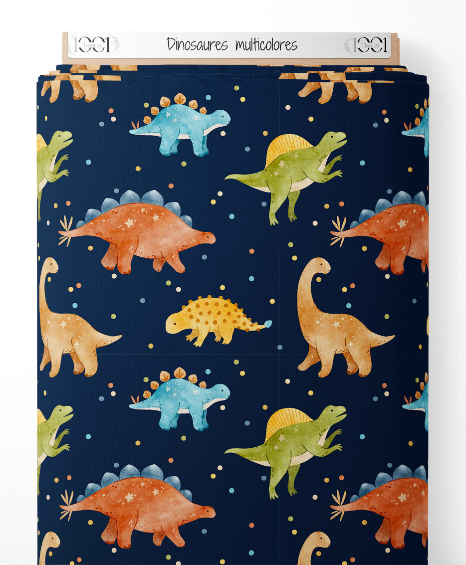 Tissu - Dinosaures multicolores sur fond