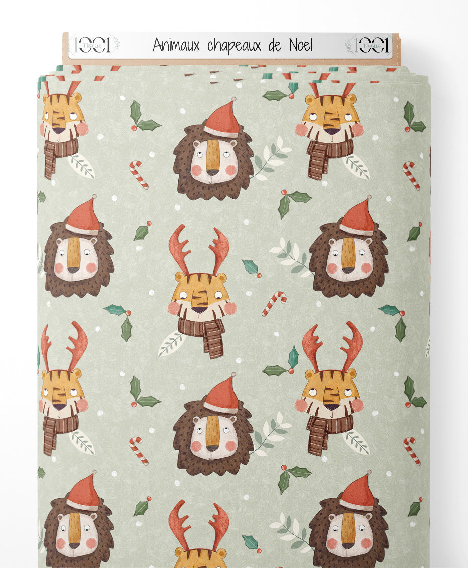 Tissu - Animaux chapeaux de Noël
