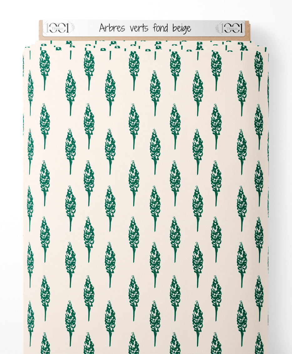 Tissu - Arbres verts sur fond beige