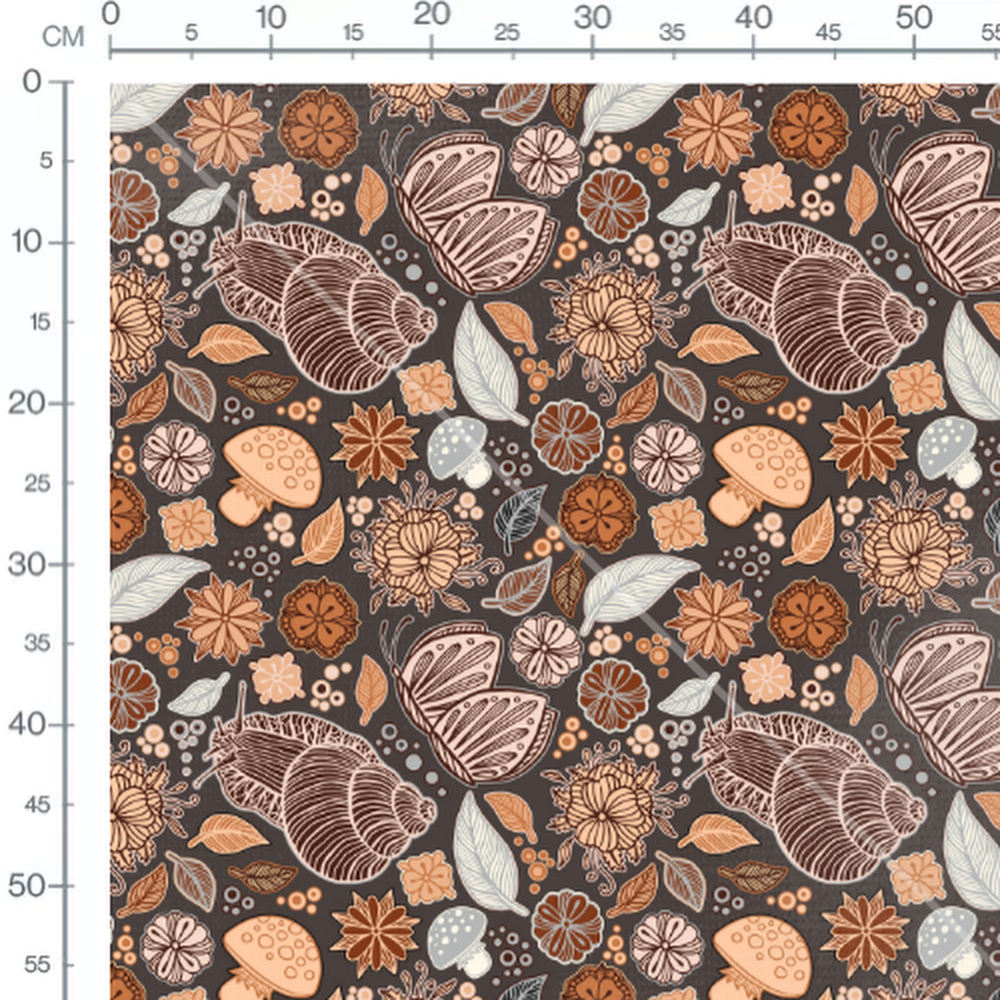 Tissu - Papillons et champignons colorés
