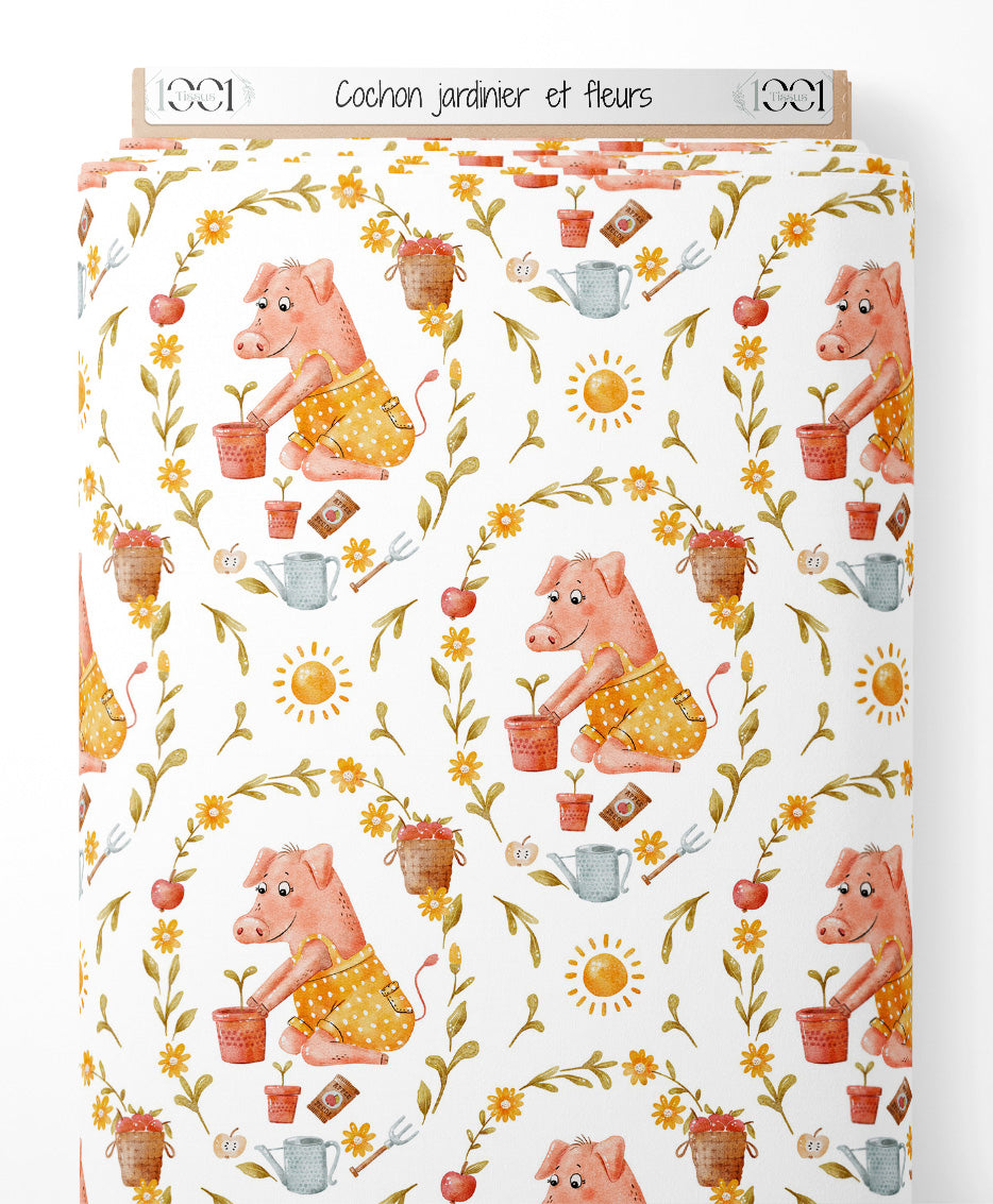 Tissu - Cochon jardinier et fleurs