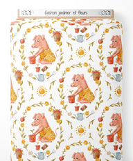 Tissu - Cochon jardinier et fleurs