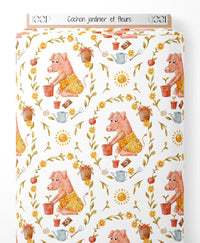 Tissu - Cochon jardinier et fleurs