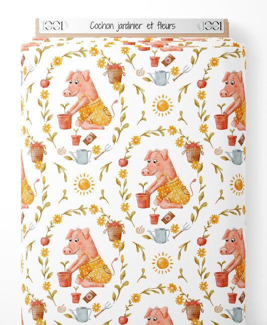 Tissu - Cochon jardinier et fleurs