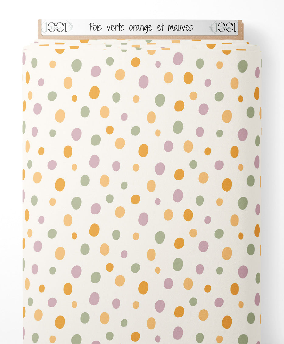 Tissu - Pois verts, orange et mauves