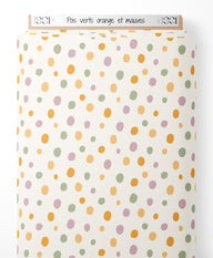 Tissu - Pois verts, orange et mauves