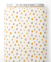 Tissu - Pois verts, orange et mauves