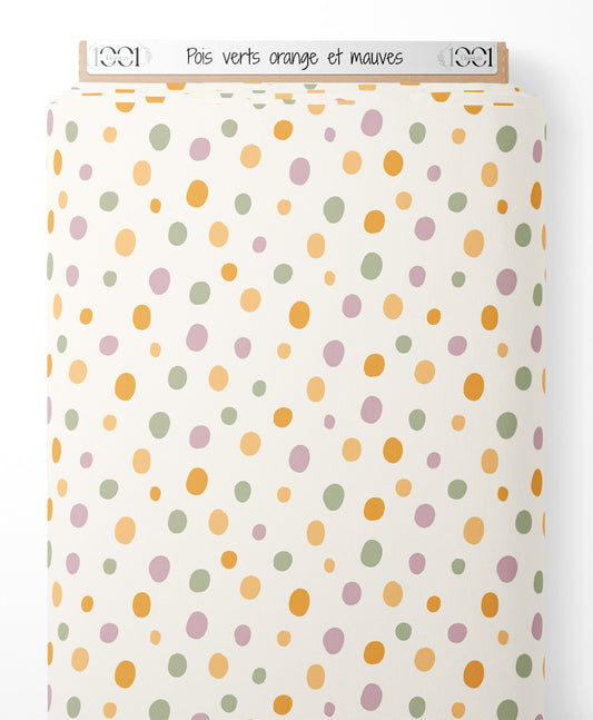 Tissu - Pois verts, orange et mauves