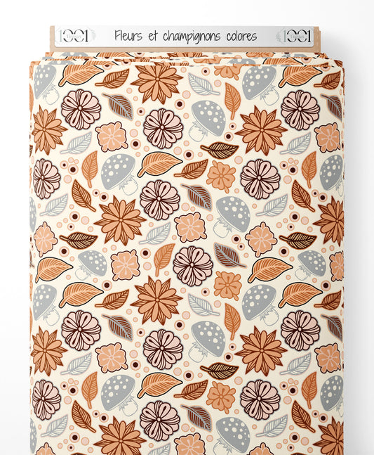 Tissu - Fleurs et champignons colorés