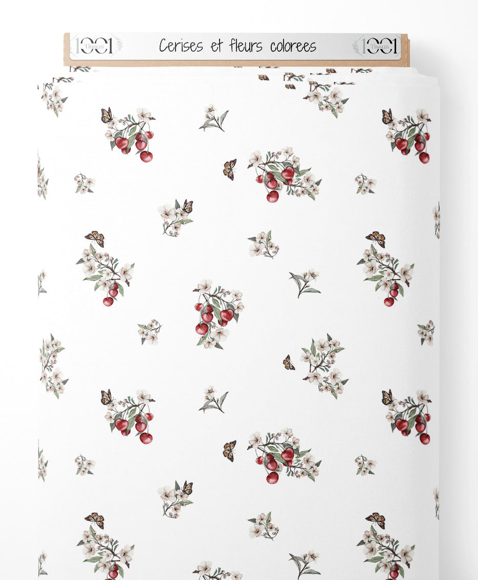 Tissu - Cerises et fleurs colorées