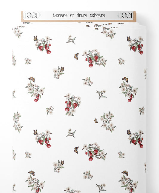 Tissu - Cerises et fleurs colorées