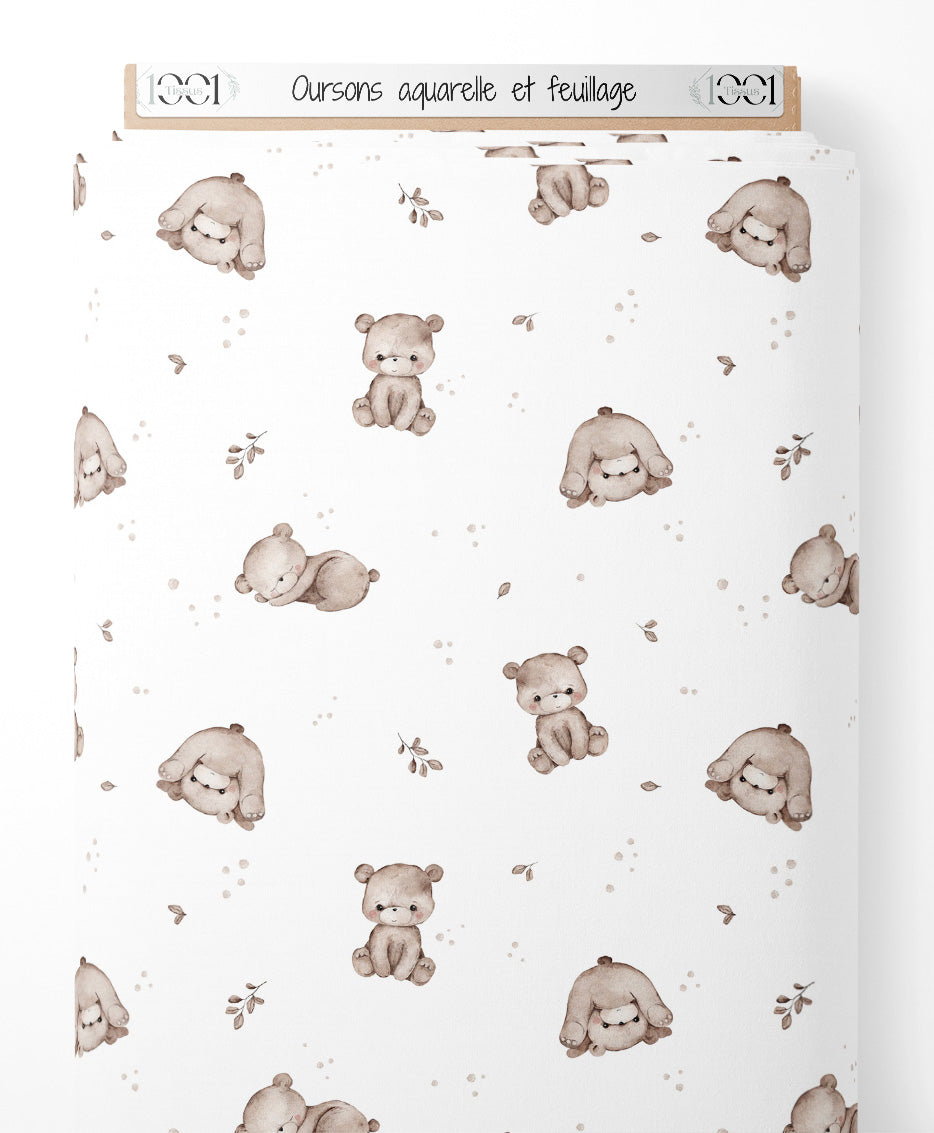 Tissu - Oursons aquarelle et feuillage
