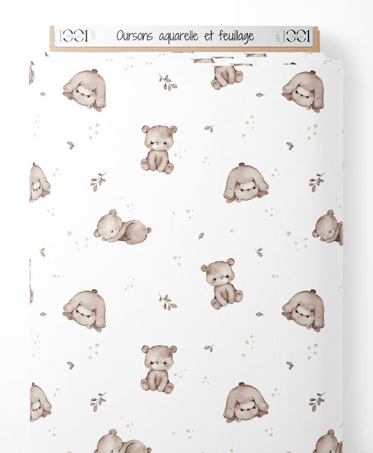 Tissu - Oursons aquarelle et feuillage