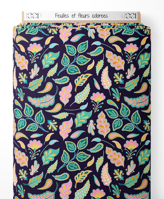 Tissu - Feuilles et fleurs colorées