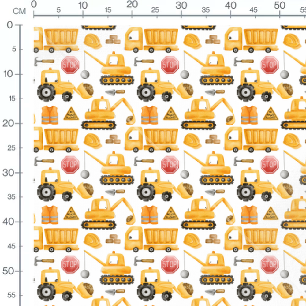 Tissu - Engins jaunes sur fond blanc