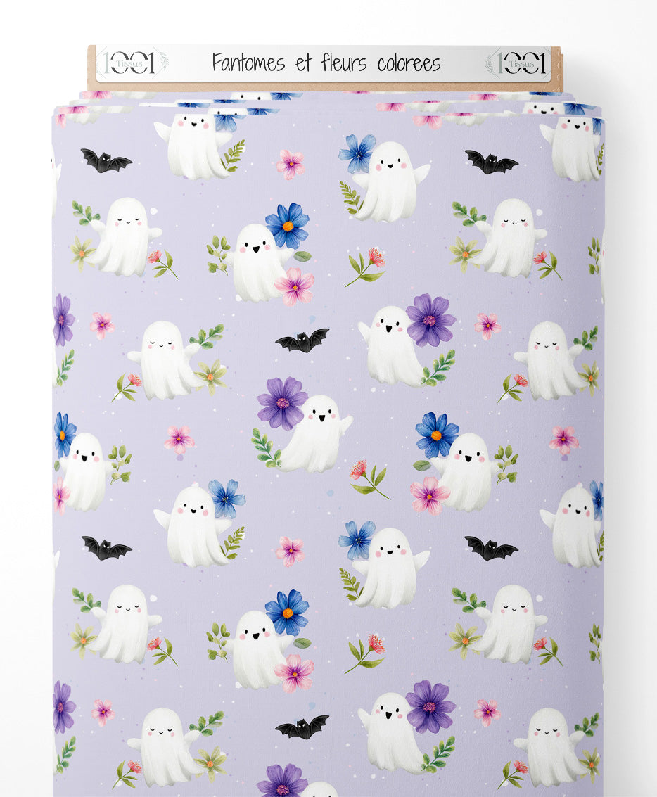 Tissu - Fantômes et fleurs colorées