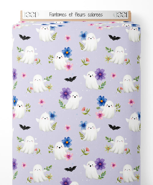 Tissu - Fantômes et fleurs colorées