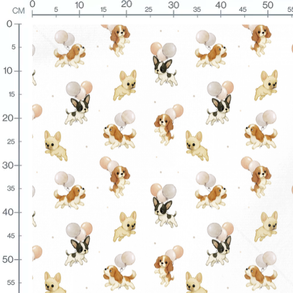 Tissu - Chiots et ballons sur fond blanc