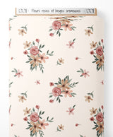 Tissu - Fleurs roses et beiges crémeuses
