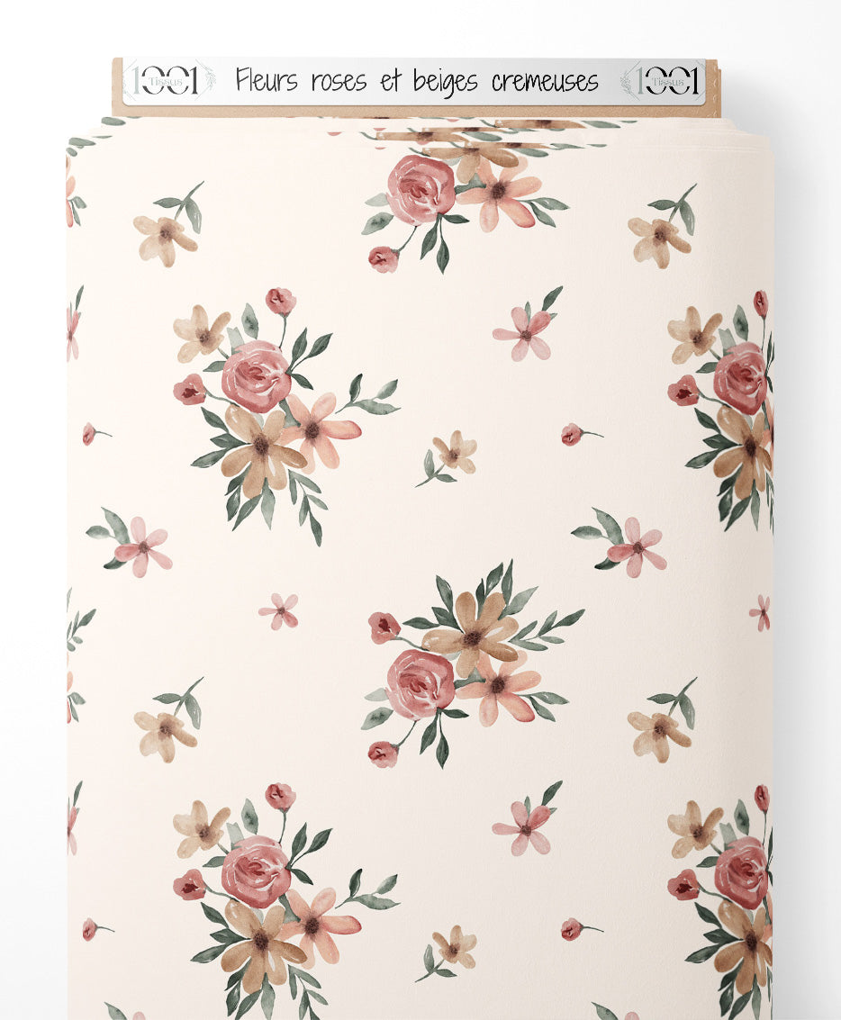 Tissu - Fleurs roses et beiges crémeuses