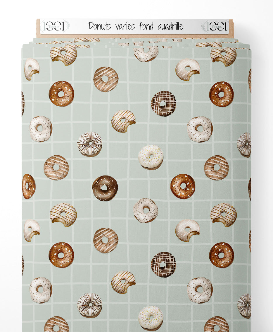 Tissu - Donuts variés sur fond quadrillé