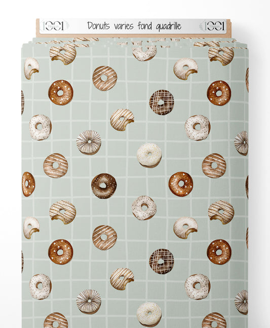 Tissu - Donuts variés sur fond quadrillé
