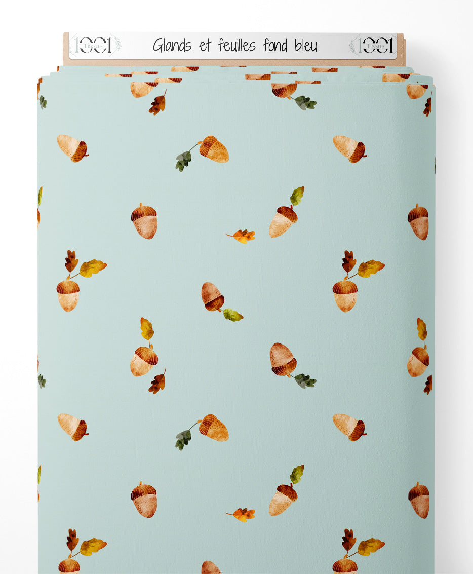 Tissu - Glands et feuilles sur fond bleu