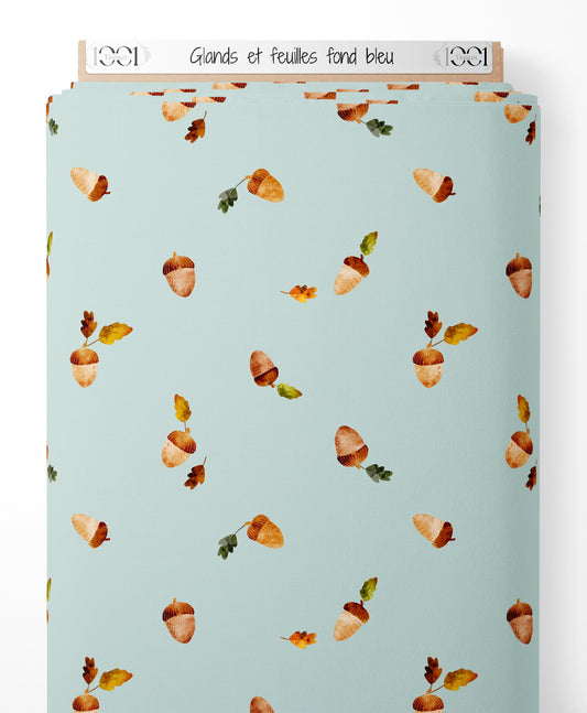 Tissu - Glands et feuilles sur fond bleu