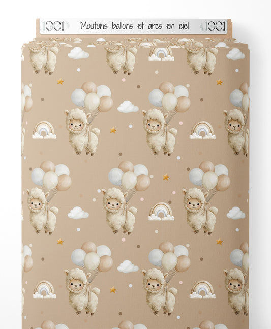 Tissu - Moutons ballons et arcs-en-ciel