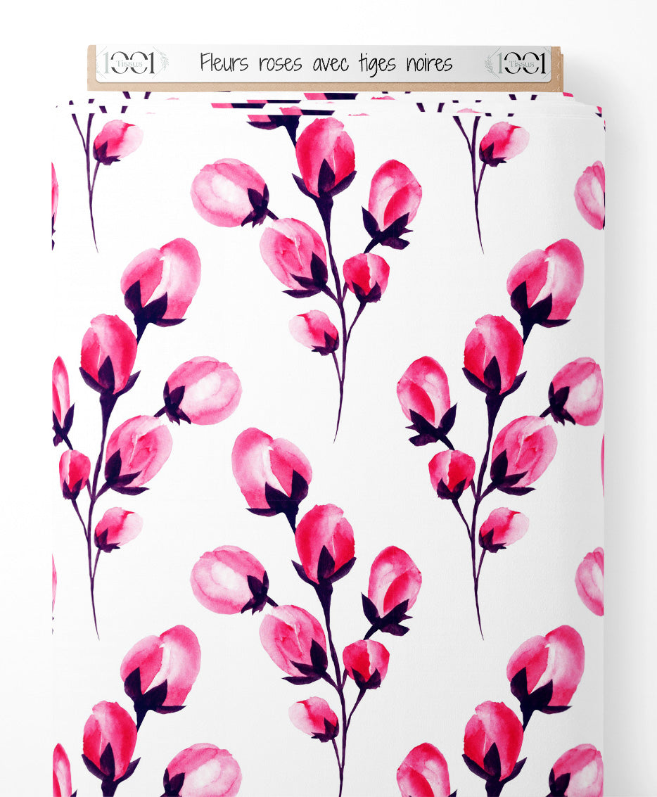 Tissu - Fleurs roses avec tiges noires