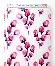 Tissu - Fleurs roses avec tiges noires