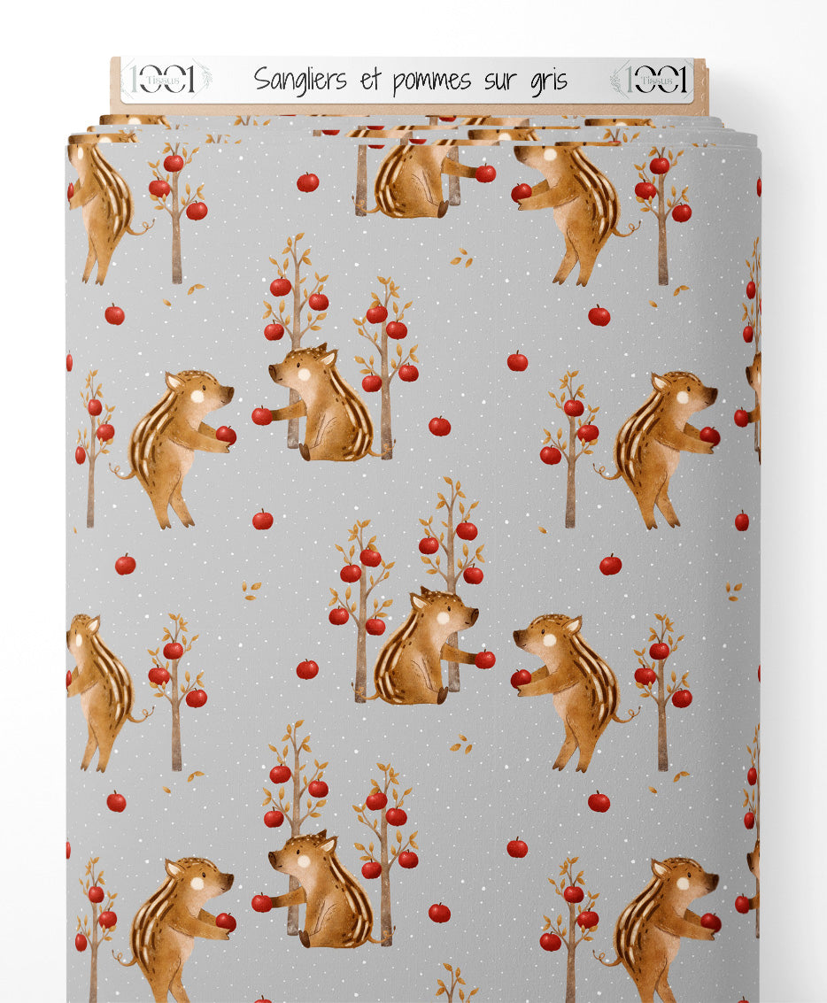 Tissu - Sangliers et pommes sur gris