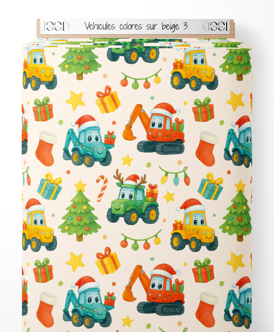 Tissu - Véhicules colorés sur beige 3