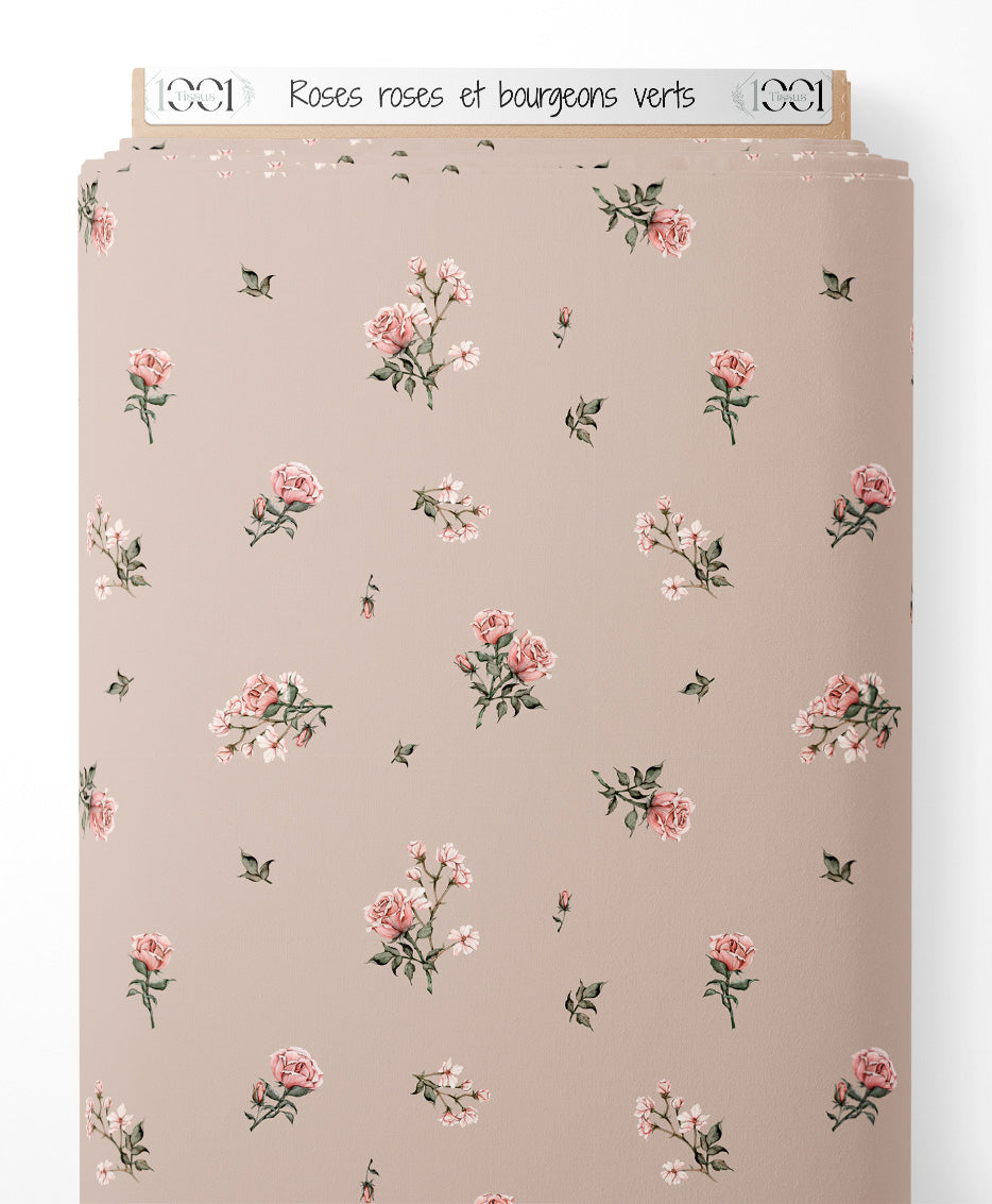 Tissu - Roses roses et bourgeons verts