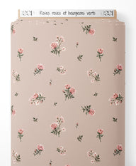 Tissu - Roses roses et bourgeons verts