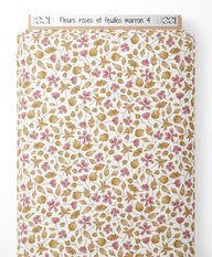 Tissu - Fleurs roses et feuilles marron 4
