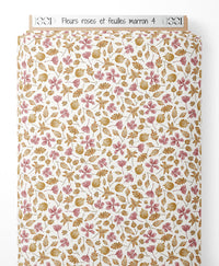 Tissu - Fleurs roses et feuilles marron 4
