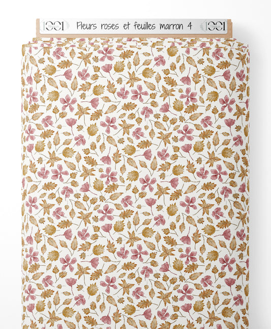Tissu - Fleurs roses et feuilles marron 4