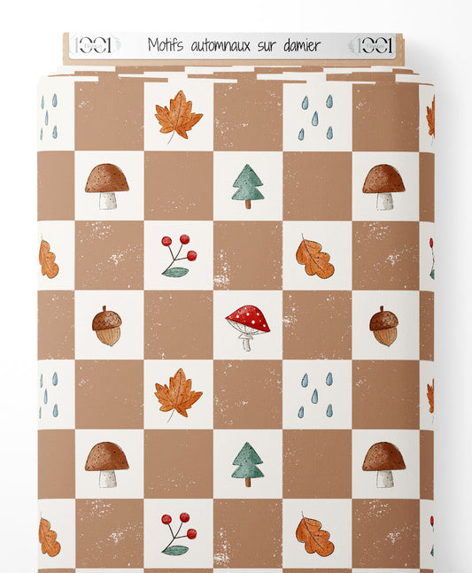 Tissu - Motifs automnaux sur damier