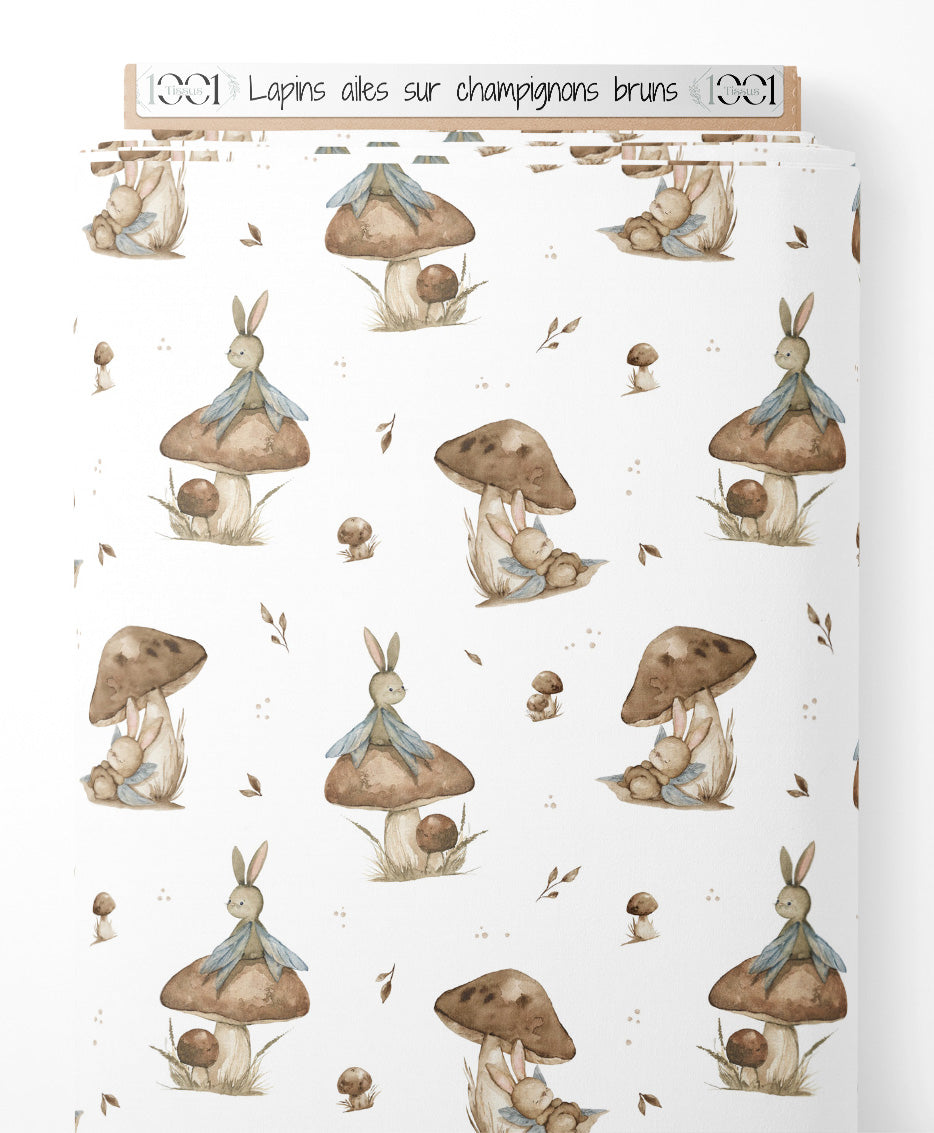 Tissu - Lapins ailés sur champignons bruns