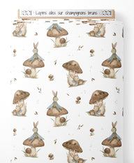 Tissu - Lapins ailés sur champignons bruns