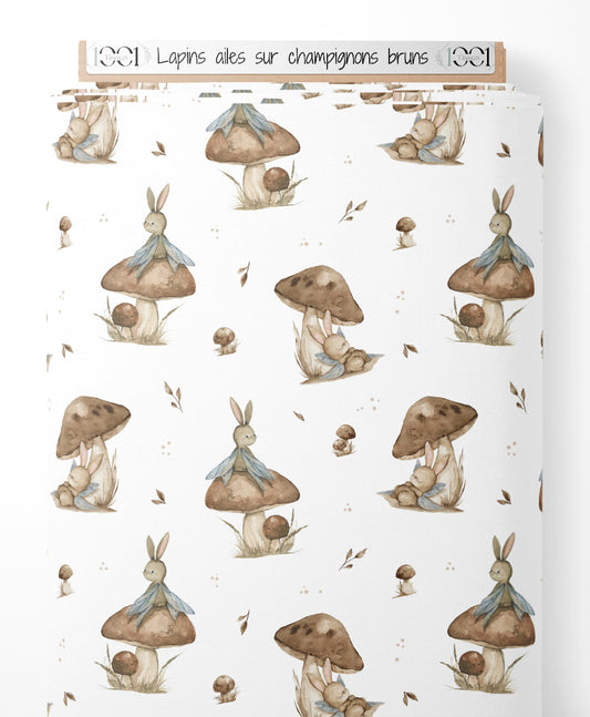 Tissu - Lapins ailés sur champignons bruns