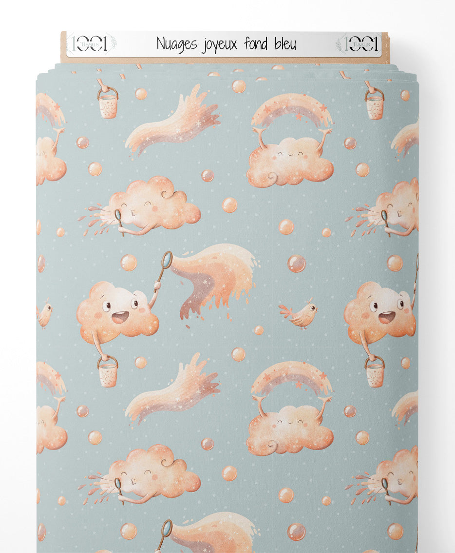 Tissu - Nuages joyeux sur fond bleu