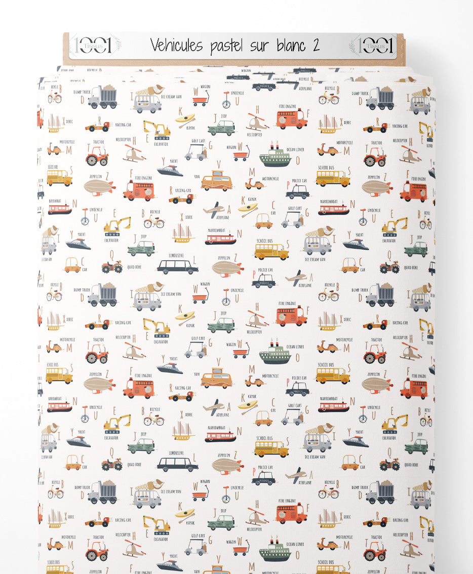 Tissu - Véhicules pastel sur blanc 2