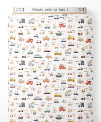 Tissu - Véhicules pastel sur blanc 2